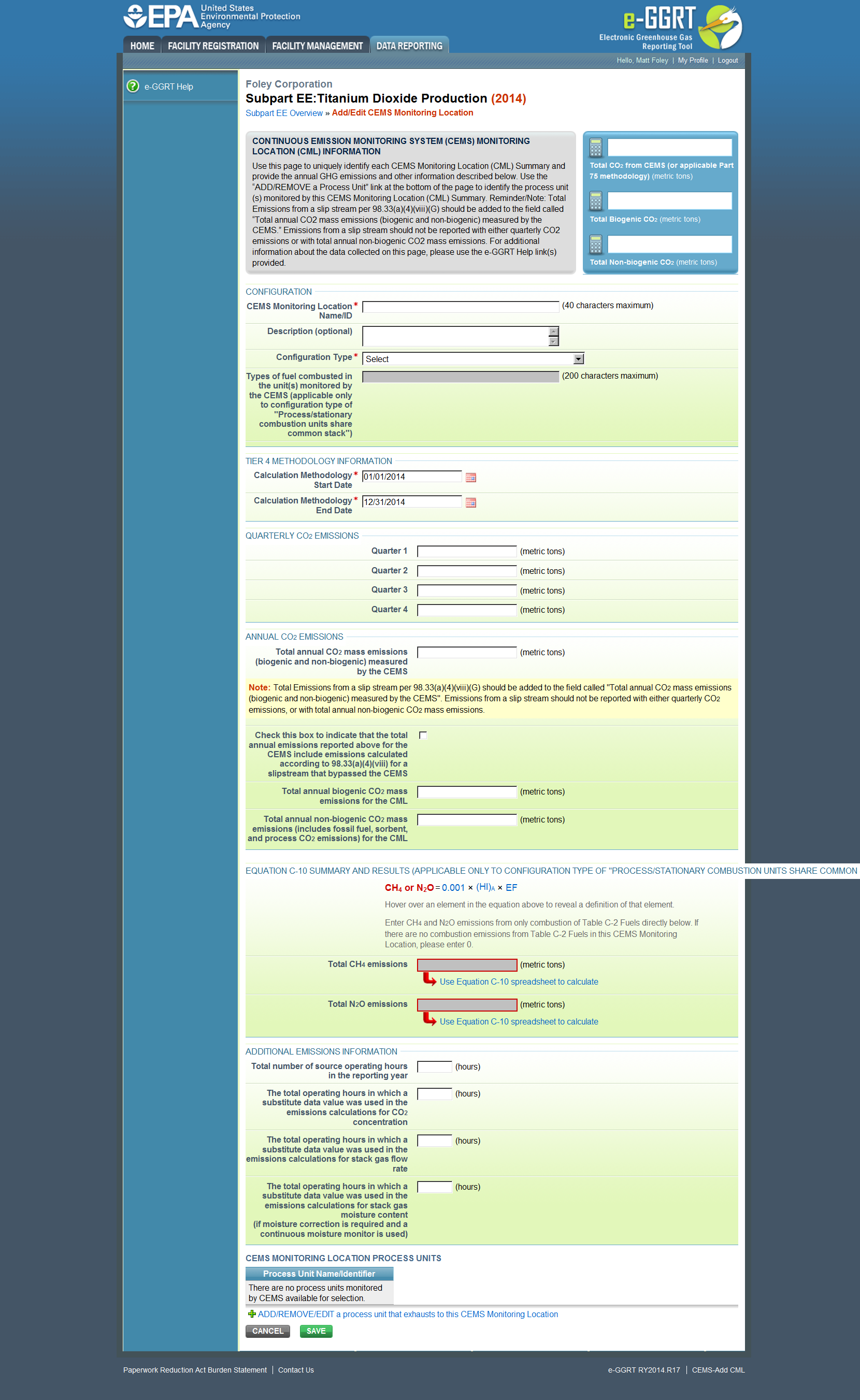 Subpart EE: Add/Edit CEMS Monitoring Location